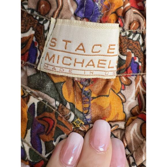 Vintage Stacey Michaels Women Pants Sz Sm Brown Floral Pull On Elastic Waist - Picture 5 of 10